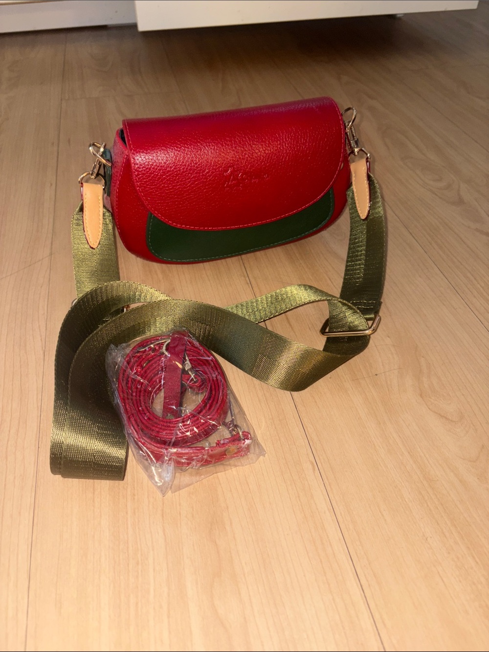 Leather  Color Block Crossbody in Red & Green Like New